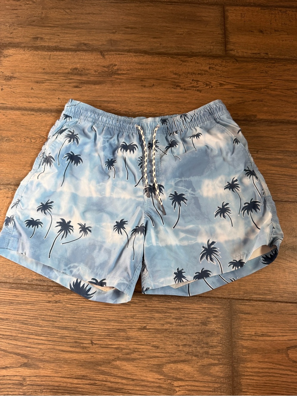 American Eagle Outfitters Light Blue Palm-Print Swim Trunks